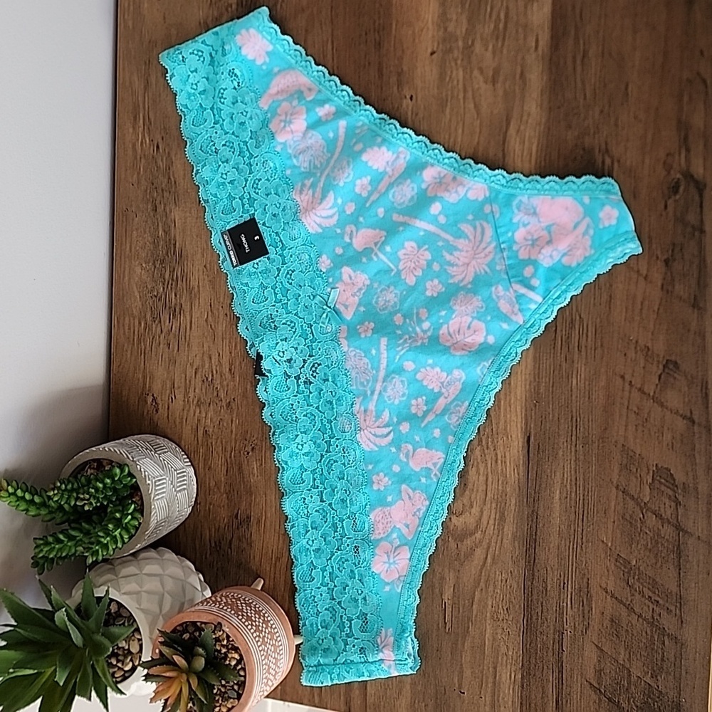 Torrid Cotton Mid-Rise Thong Lace Trim Panty "Tropical Soiree Blue"​​​ NWT sz 3